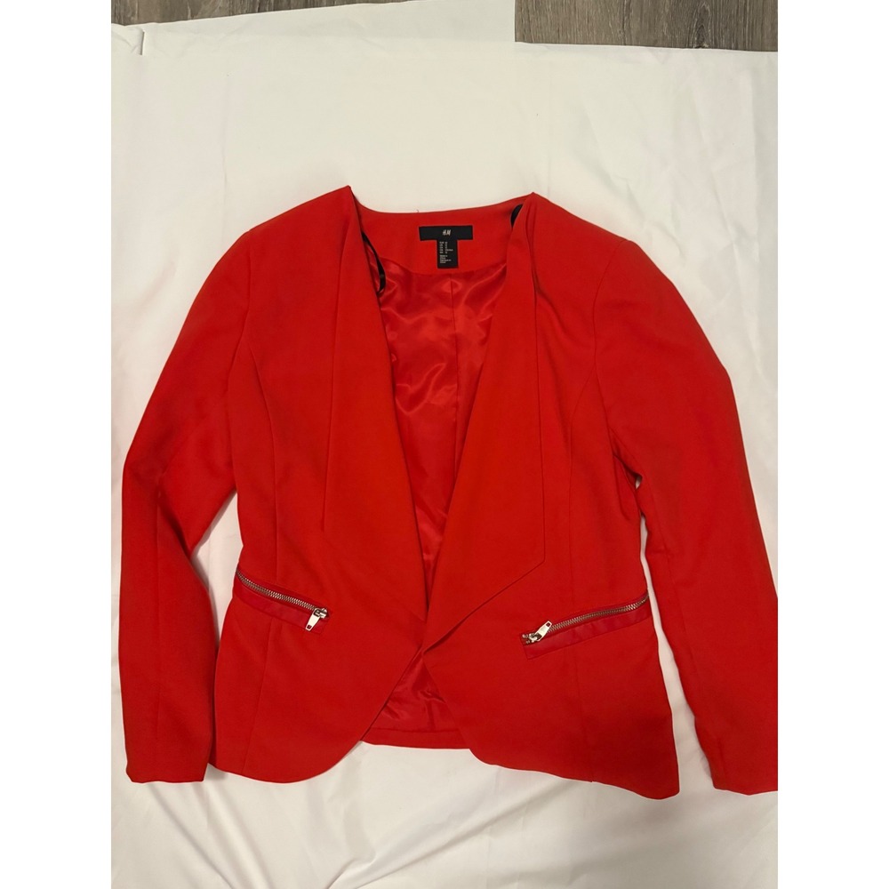 HM Womens Red Collarless Open Front Blazer Zipper Accents Size 12